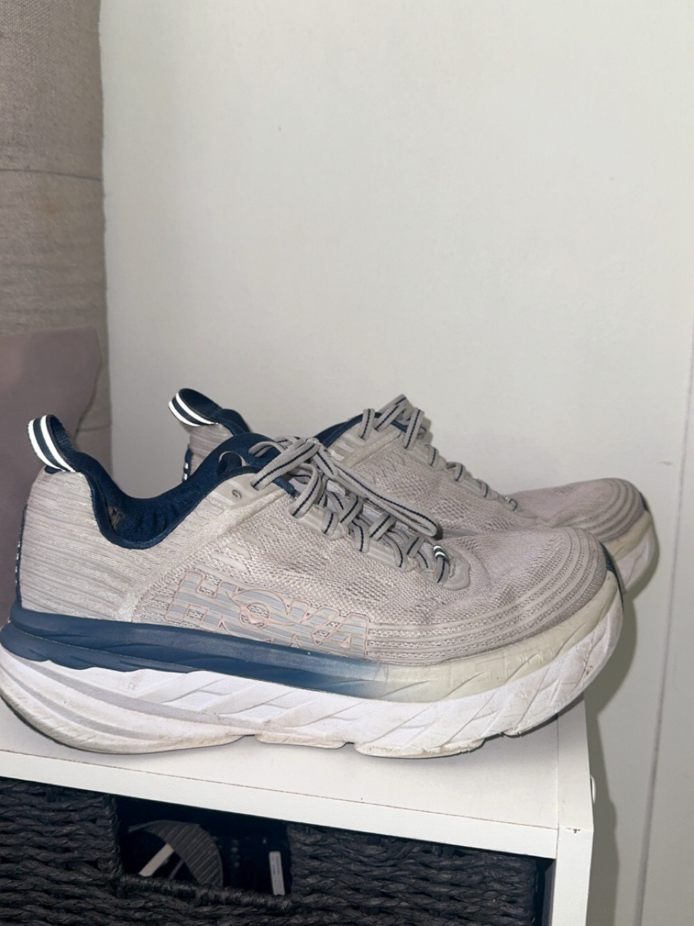 Hoka Women’s Light Gray and Navy Athletic Running Shoes